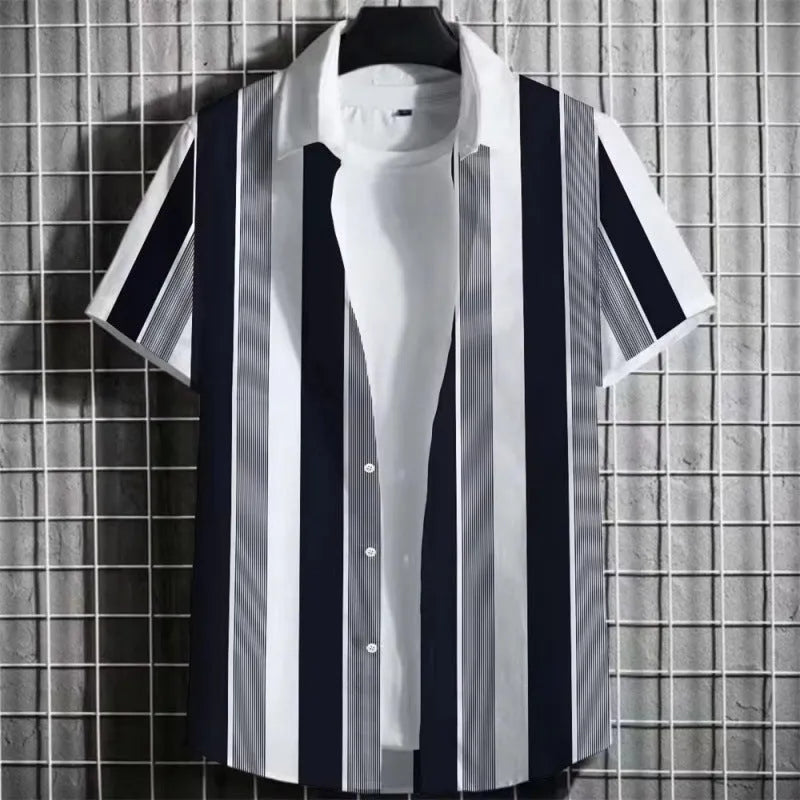 Men's striped linen T-shirt with 3D printing design, short sleeves, multiple colour options