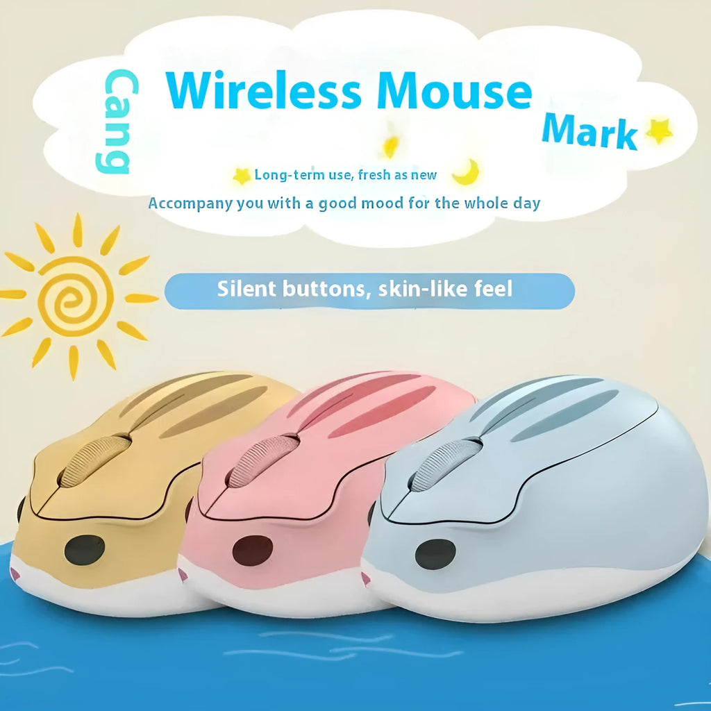 Hamster Wireless Silent Bluetooth Mouse in yellow, pink, and grey on a white background.