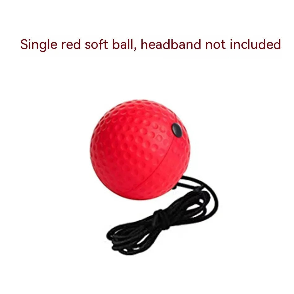 Head-mounted boxing reaction ball trainer with adjustable headband and multiple coloured balls