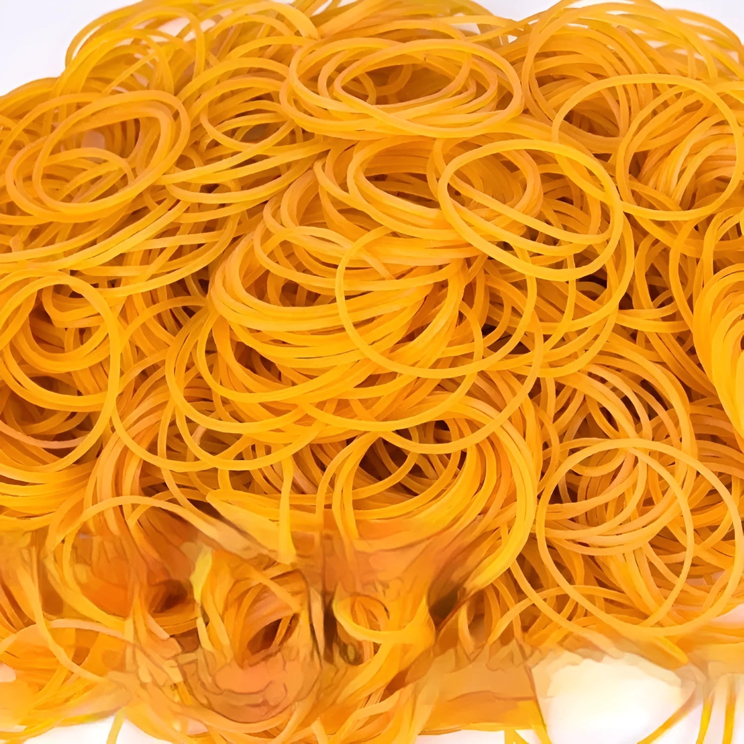 500g pack of assorted yellow rubber bands in sizes from 16mm to 70mm diameter.