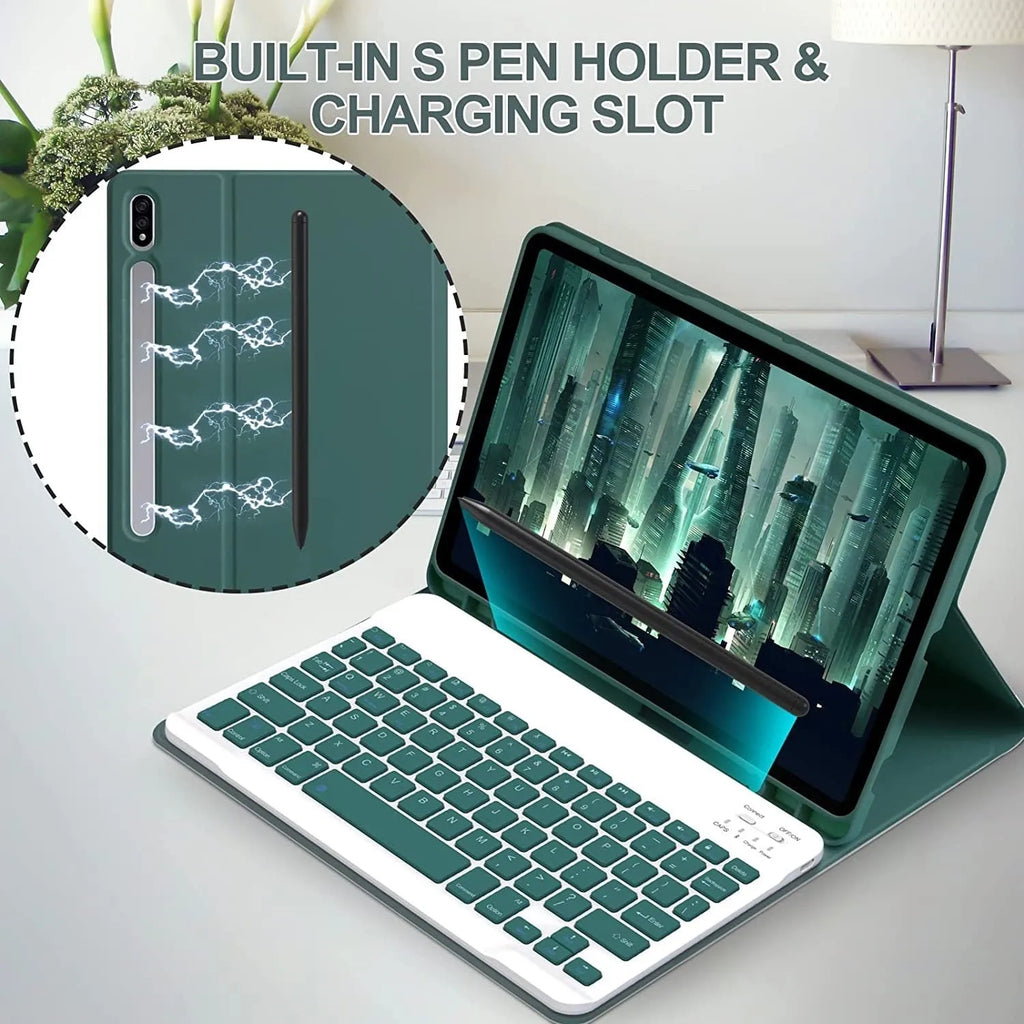 Samsung tablet inside a black TPU case with a Bluetooth keyboard and charging mouse on a desk.