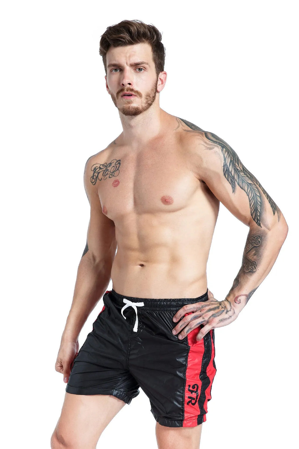 Men's blue lace-up sports shorts with slim fit design and stretch polyester fabric