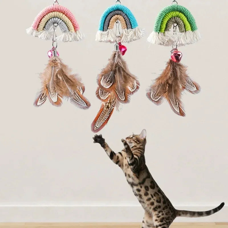Feather cat rope door swing elastic cat teasing stick toy with sticky buckle clamp in blue, green and pink colours