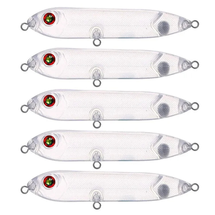 Transparent 9.5cm blank fishing lure body with pre-drilled 7mm eye holes for DIY assembly.