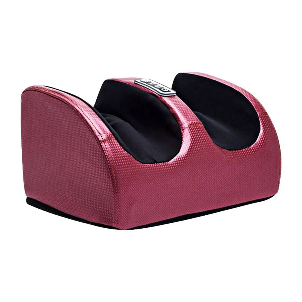 Electric foot massage machine in red colour with remote control on wooden floor