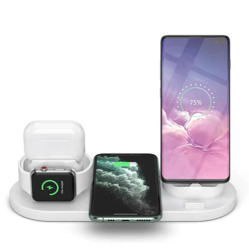 Black and white 6-in-1 wireless charging mobile phone holder with AirPods and iWatch charging ports