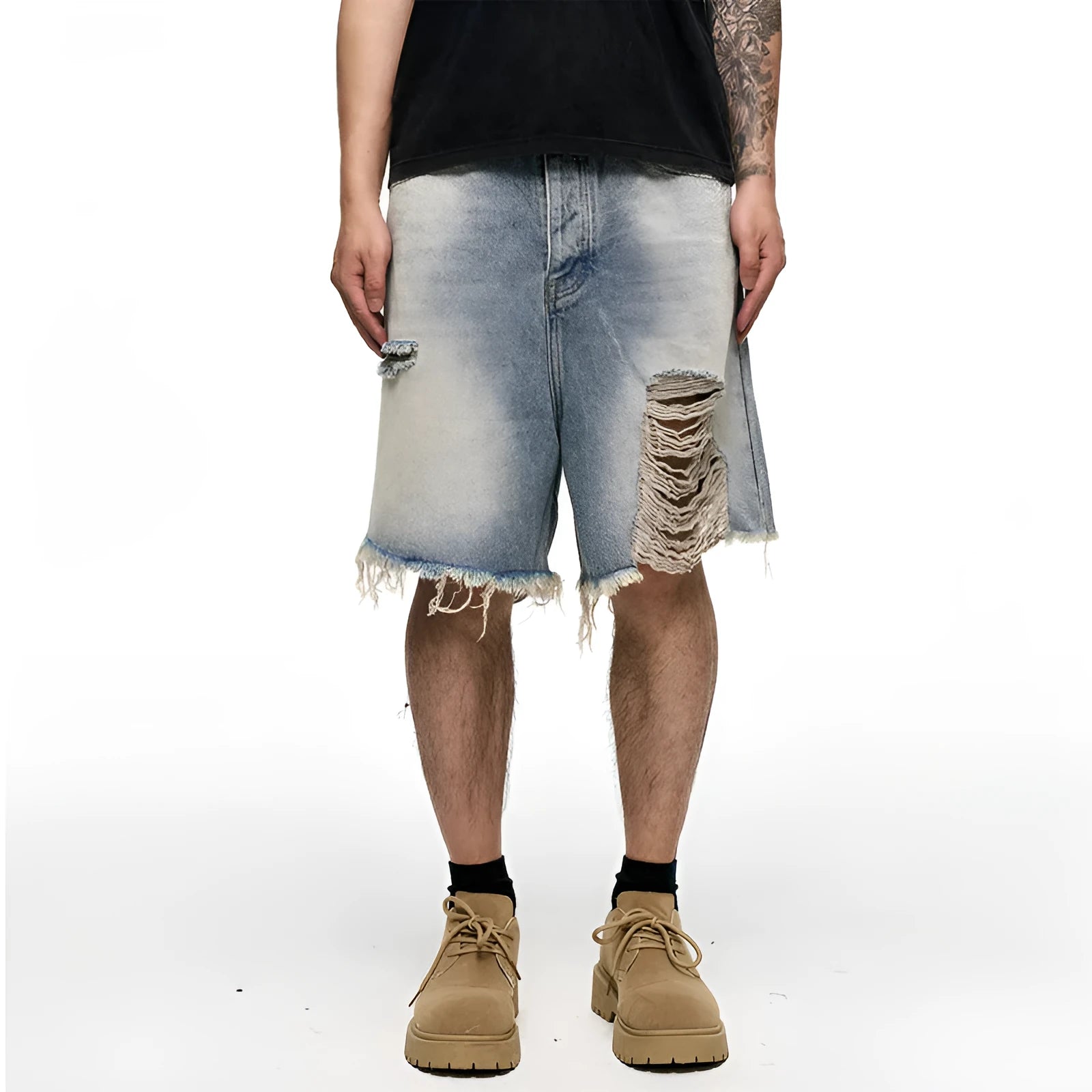 Light blue retro washed men's baggy denim shorts with wide leg fit