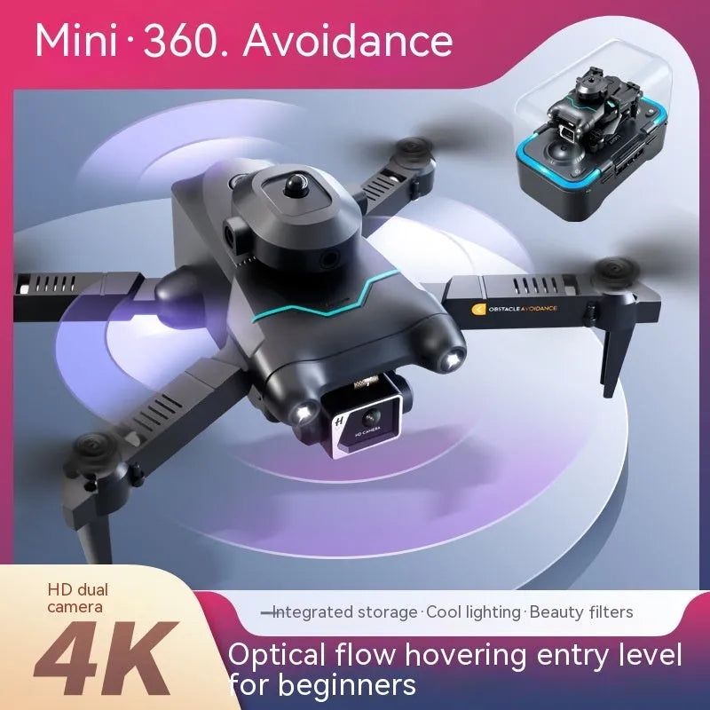 Black four-axis aerial drone with propellers and dual camera system on a compact plastic body.