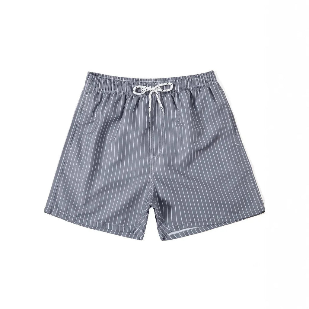 Men's navy blue polyester casual shorts with a visible striped triangle lining inside.