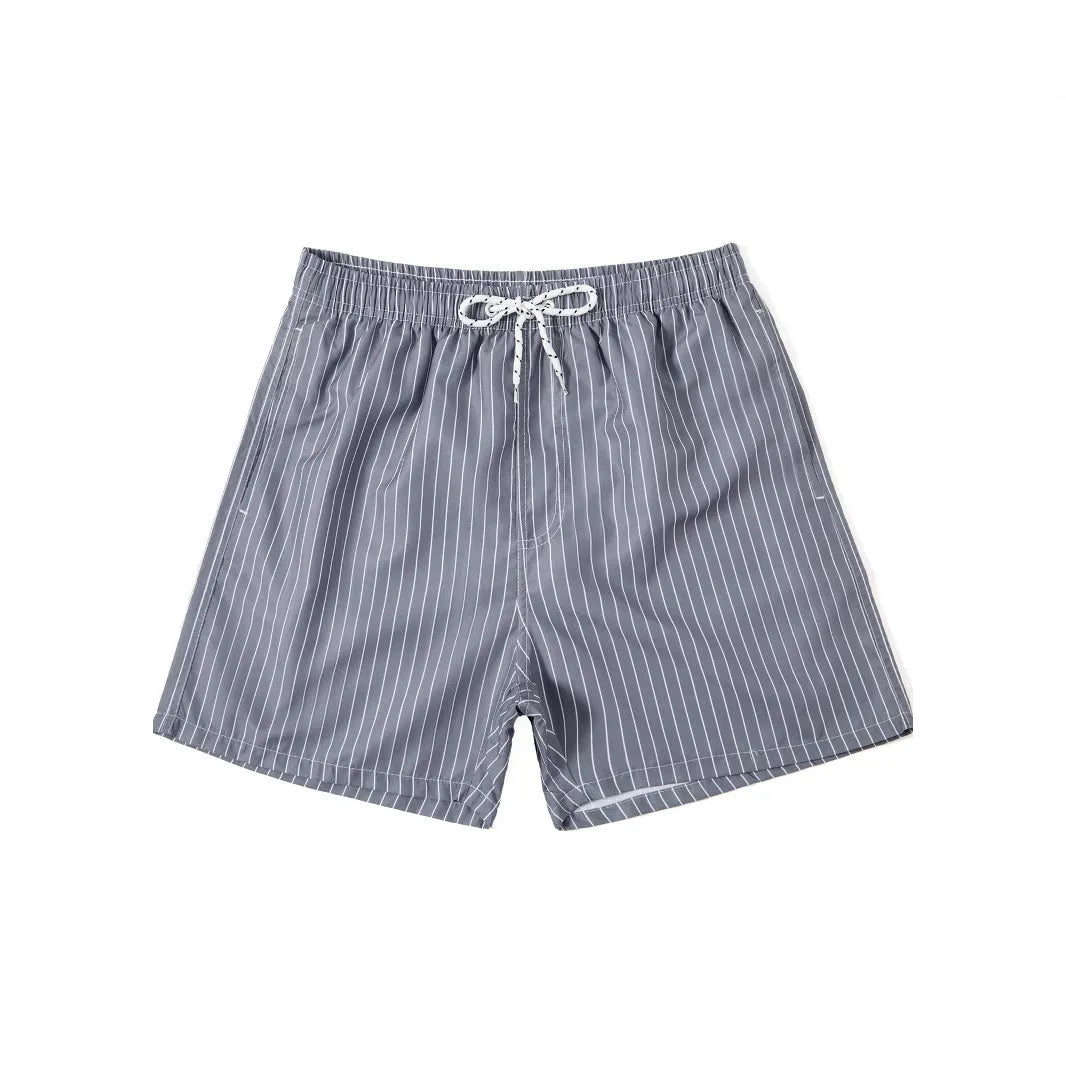 Men's navy blue polyester casual shorts with a visible striped triangle lining inside.