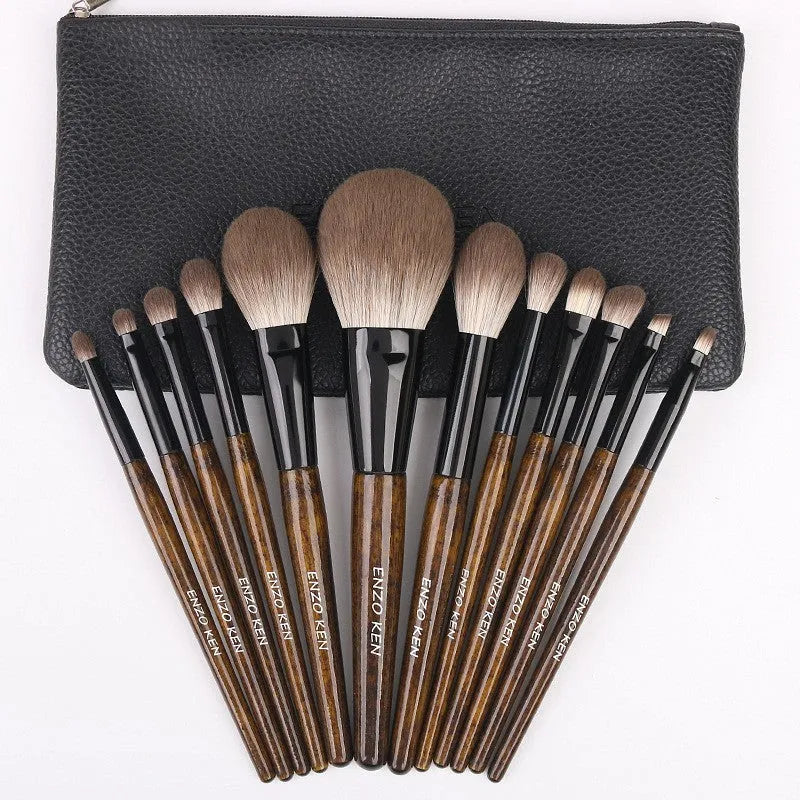 12-piece makeup brush set with wooden handles in a PU carrying case