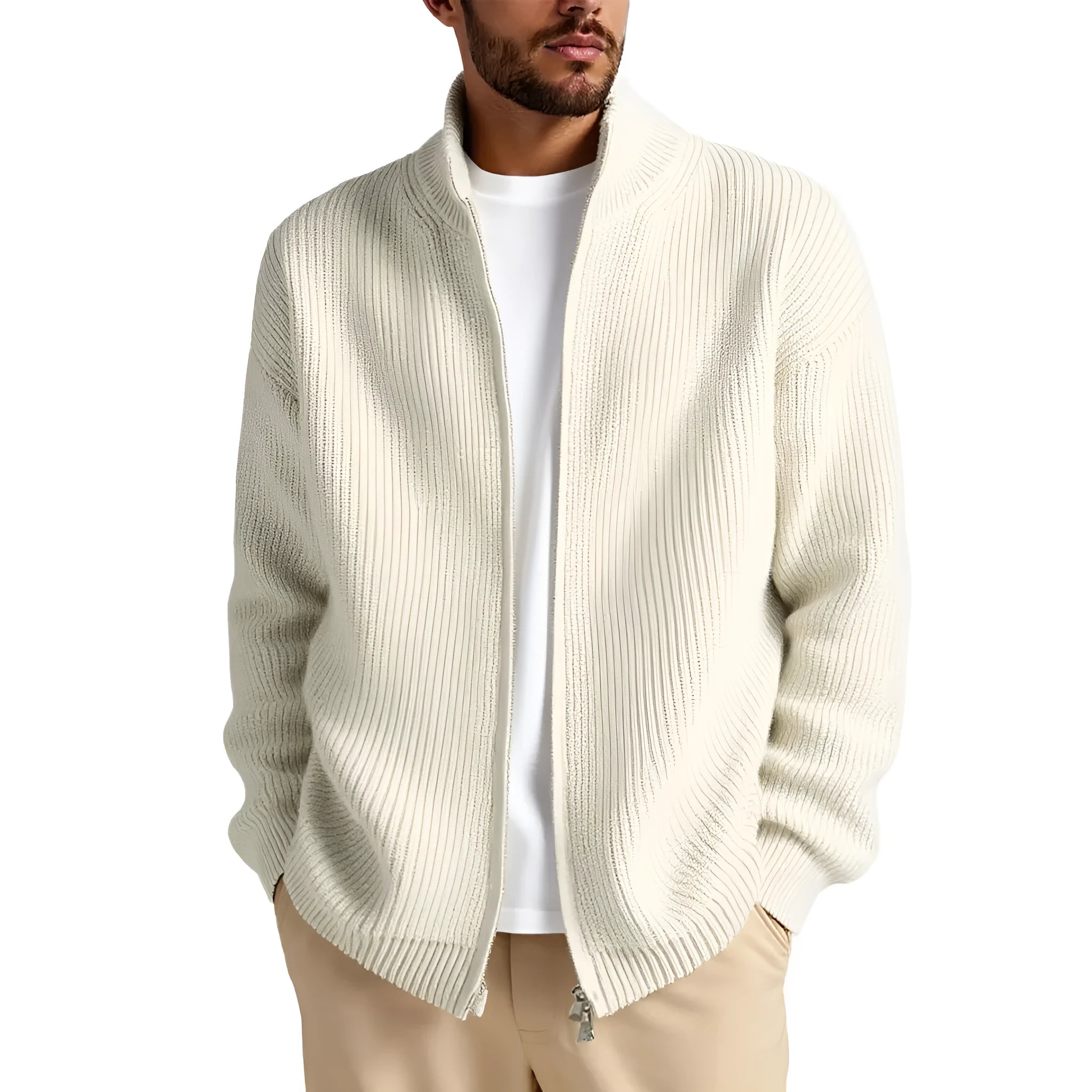 Men's loose fit cardigan sweater in chemical fiber blend available in multiple colours
