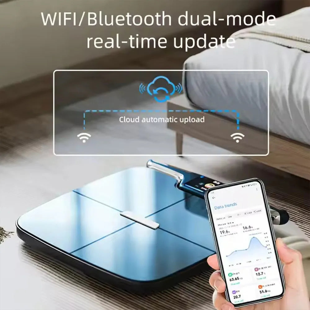 Black eight-electrode intelligent body fat scale on a bathroom floor