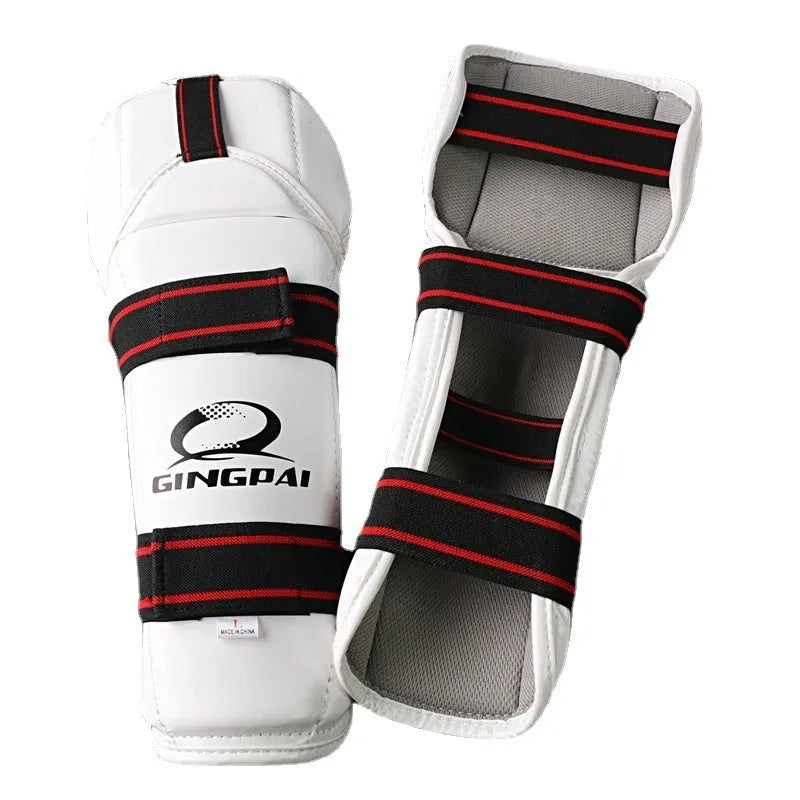 Taekwondo protective gear set showing arm guards and leg protectors in PU EVA foam construction
