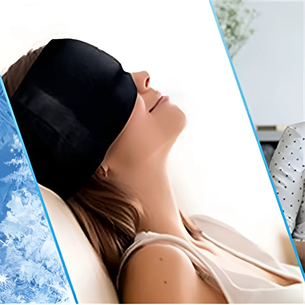 Black elastic cloth gel eye mask with adjustable headband for headache relief, shown on face