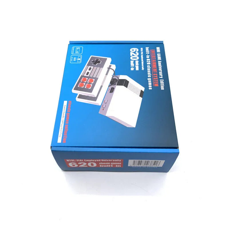 Retro NES game console with two controllers on television stand showing classic gaming interface