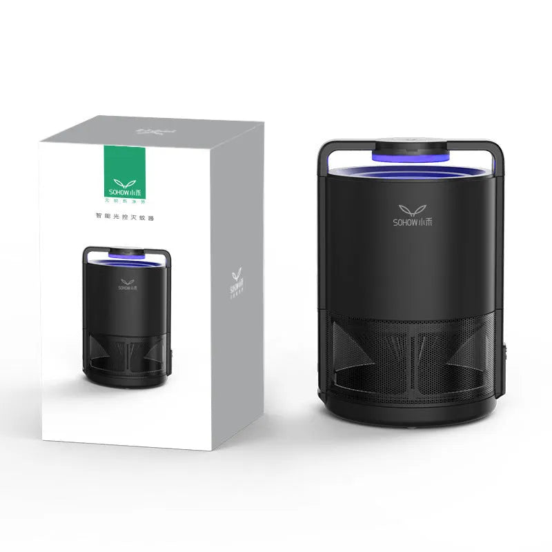 Black intelligent mosquito killer lamp with ABS housing, 13x14x20.6cm, on a table