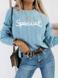 Blue men's crew neck sweater with embroidered letters and numbers on the chest.