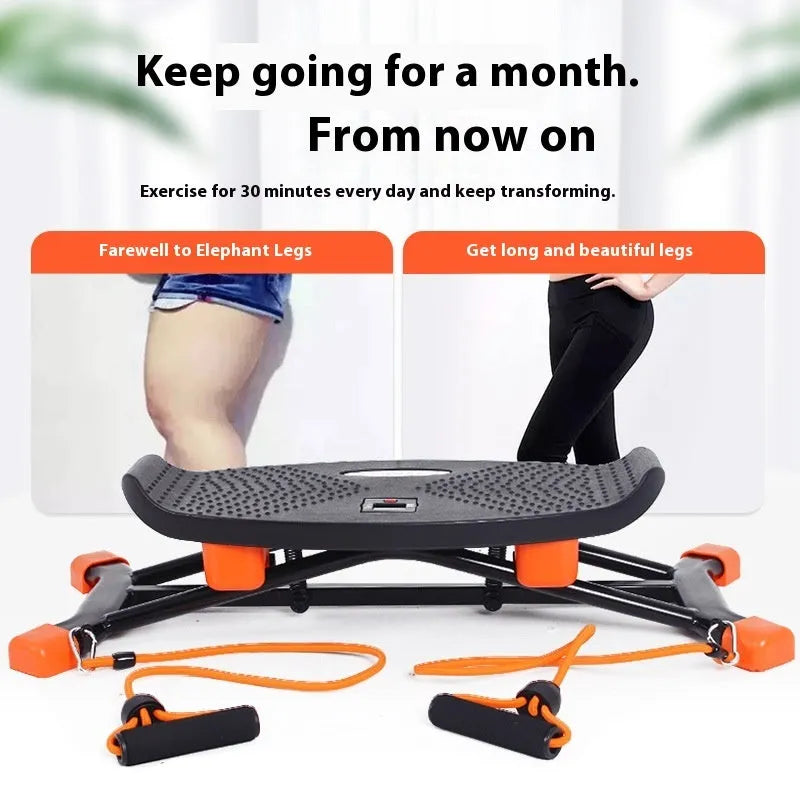 Black foldable mini fitness skiing machine JS101A with elastic hand straps on a home floor.