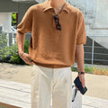 Men's retro asymmetric knitted polo shirt in caramel colour with short sleeves and loose fit