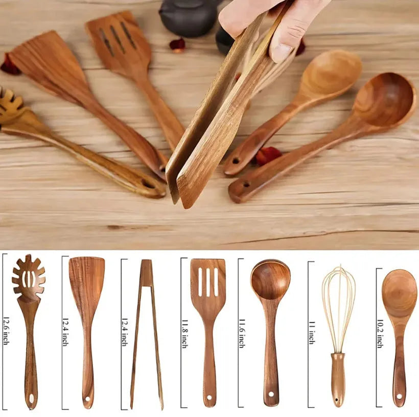 Seven wooden cooking utensils with spoon shovel designs for non-stick pan cooking