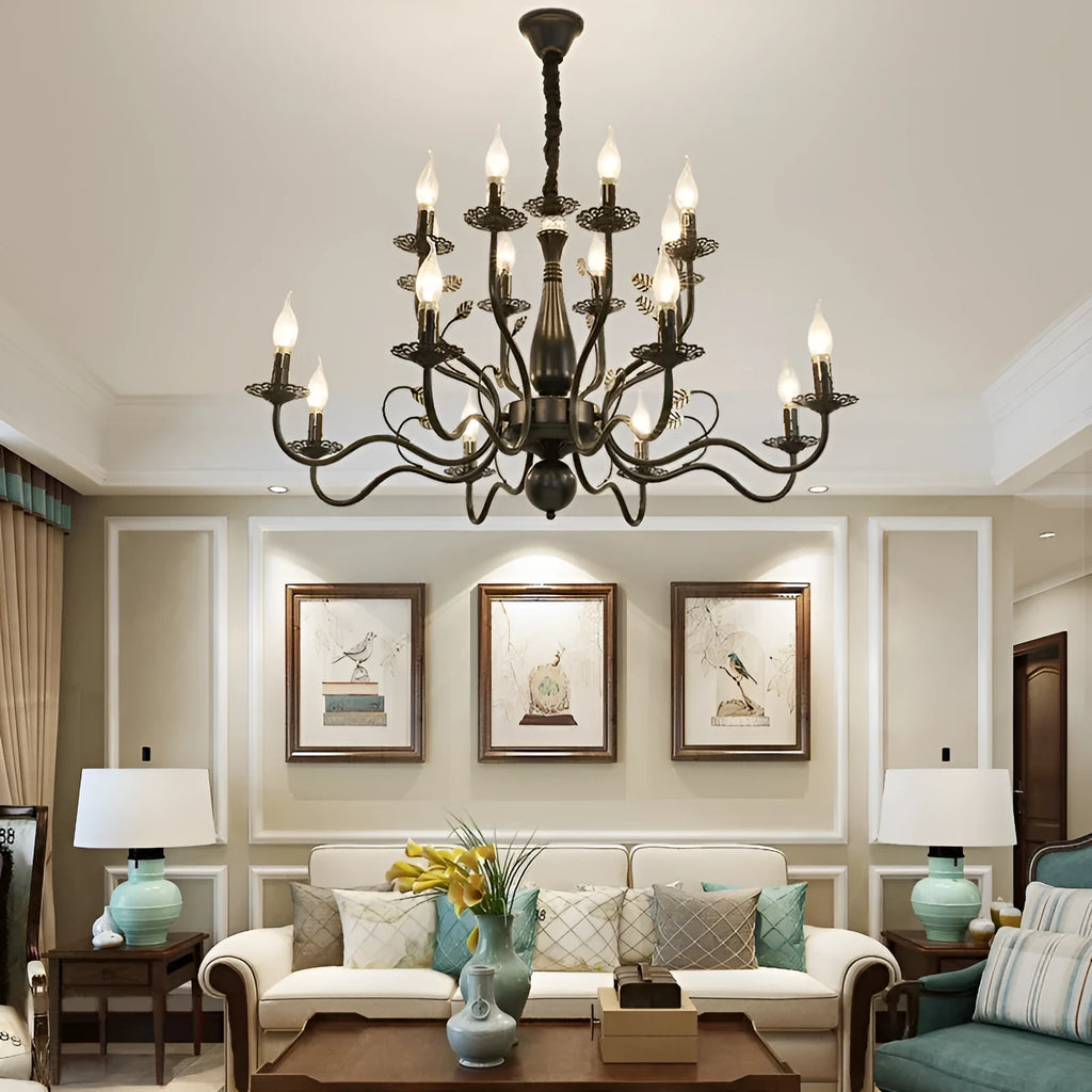 American wrought iron crystal chandelier with multiple lights in black finish for living room