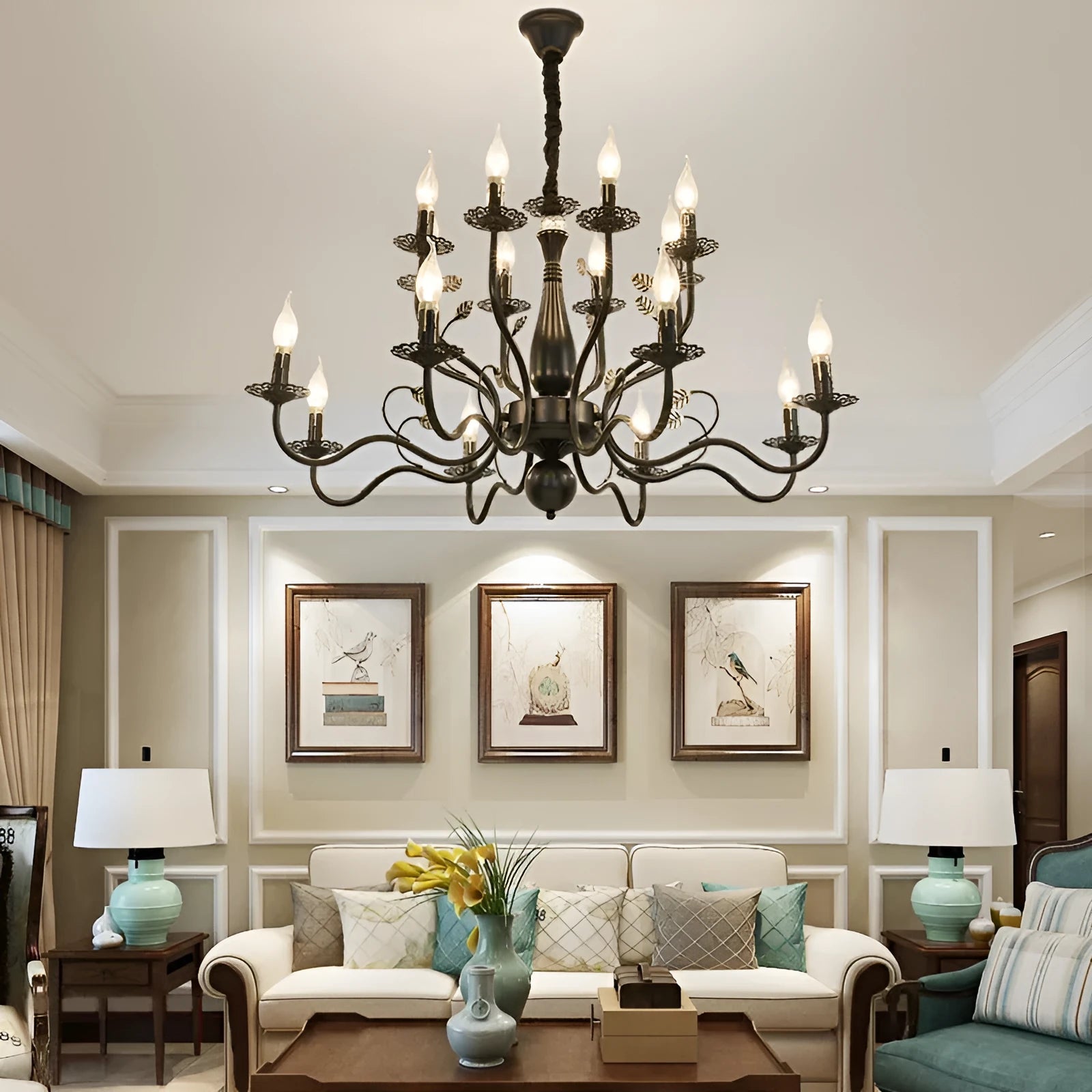 American wrought iron crystal chandelier with multiple lights in black finish for living room