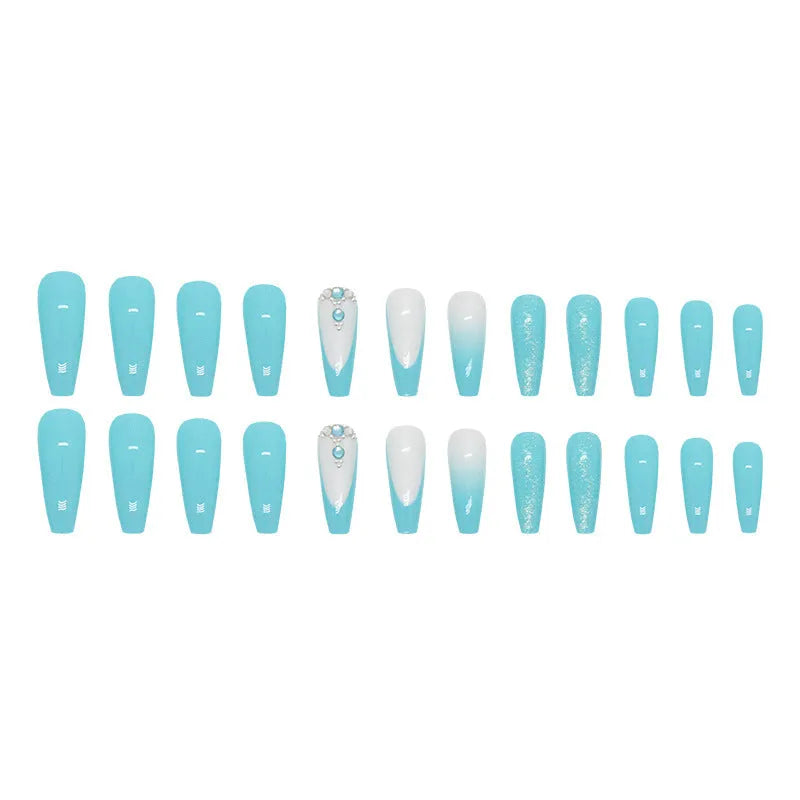Long ballet false nails in smart blue diamond colour with adhesive glue bottle