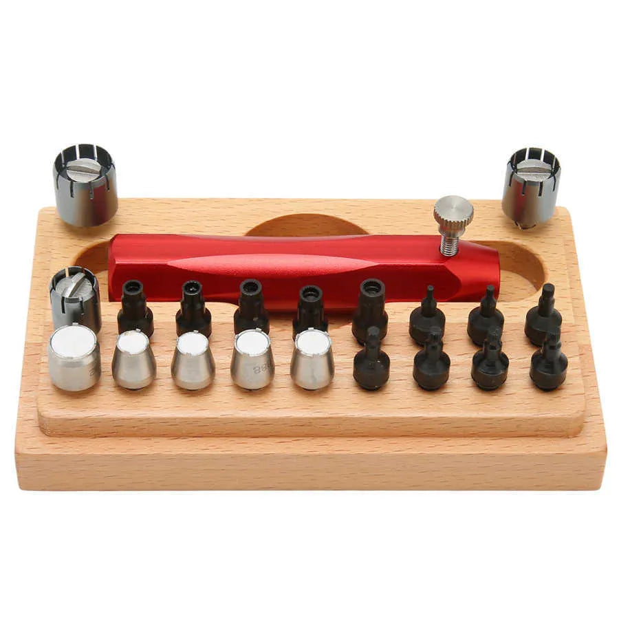 Steel watch repair tool kit with 20 pieces for opening cases and extracting tubes.
