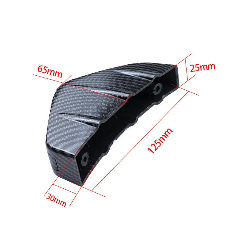 Black universal triangle rear spoiler chassis made of ABS plastic, shown with screws and adhesive.