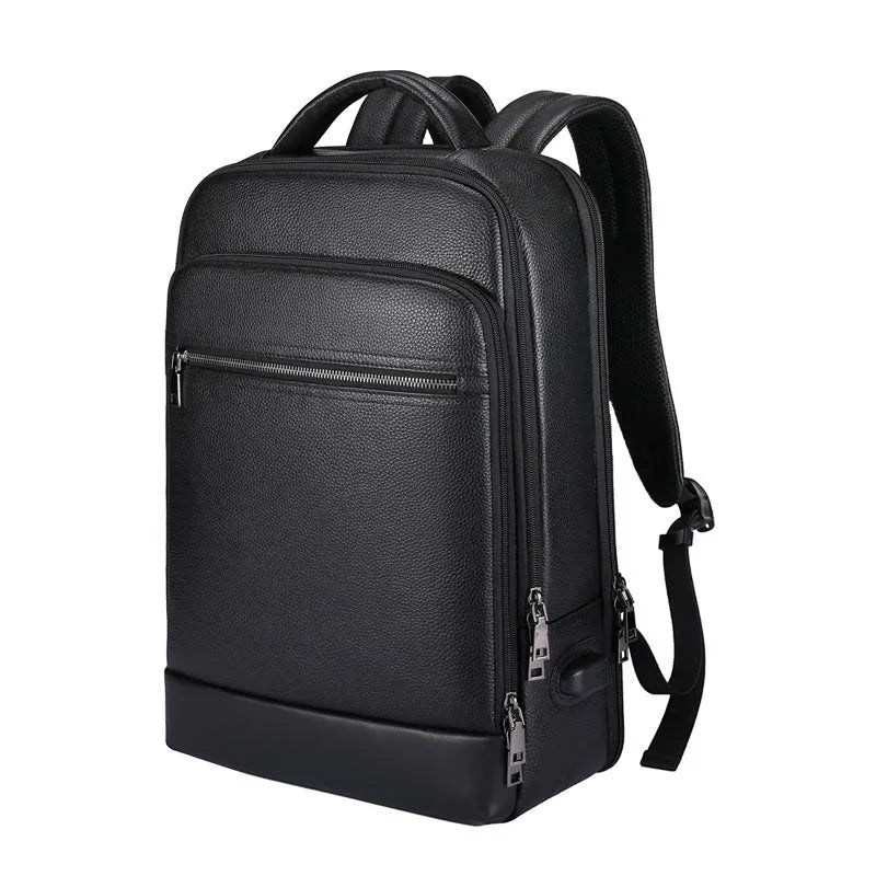 Black genuine leather men's business laptop backpack with curved shoulder straps and visible sewing details