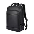 Black genuine leather men's business laptop backpack with curved shoulder straps and visible sewing details