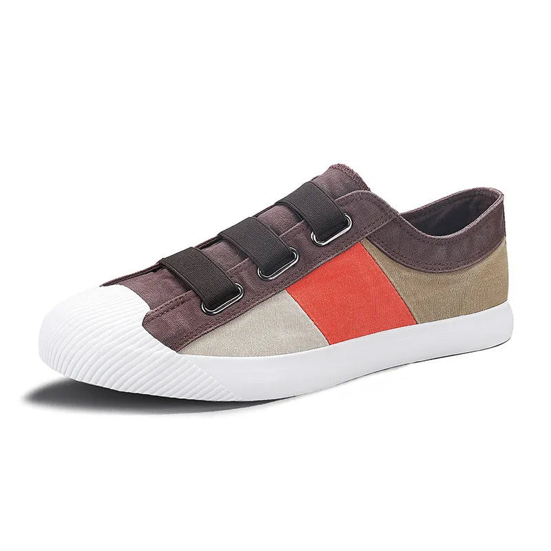 Men's low-top canvas sneakers with elastic band and vulcanised rubber sole in beige colour