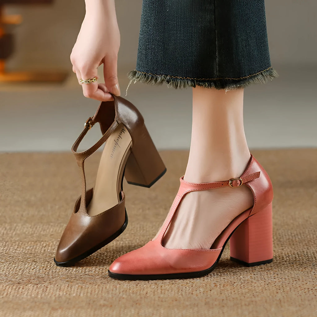 Women's retro pointed toe Mary Jane heels in dark brown with a buckle strap and hollow front design.