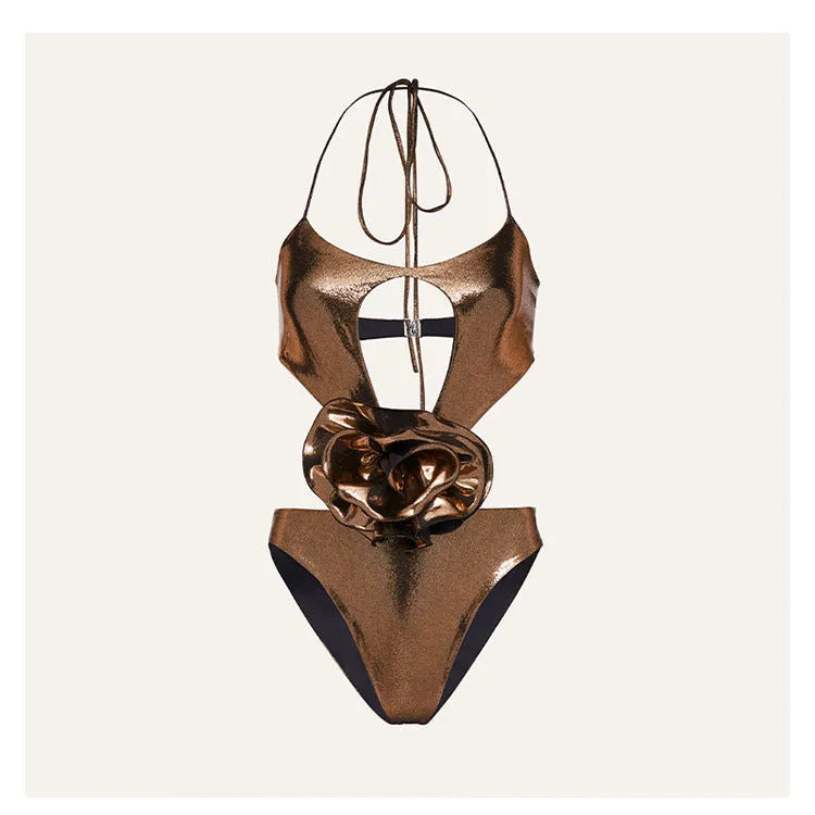 Gold handmade halter one-piece swimsuit with hollow-out design on mannequin
