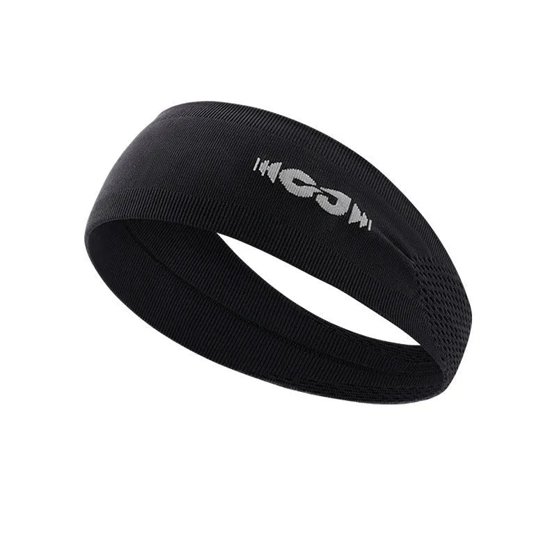 Seamless knitted exercise hair band in Classic Black, shown stretched, for running and cycling.