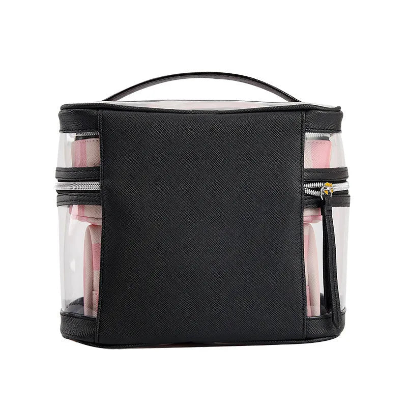 Pink and white striped folding makeup bag with floral pattern and synthetic leather material.