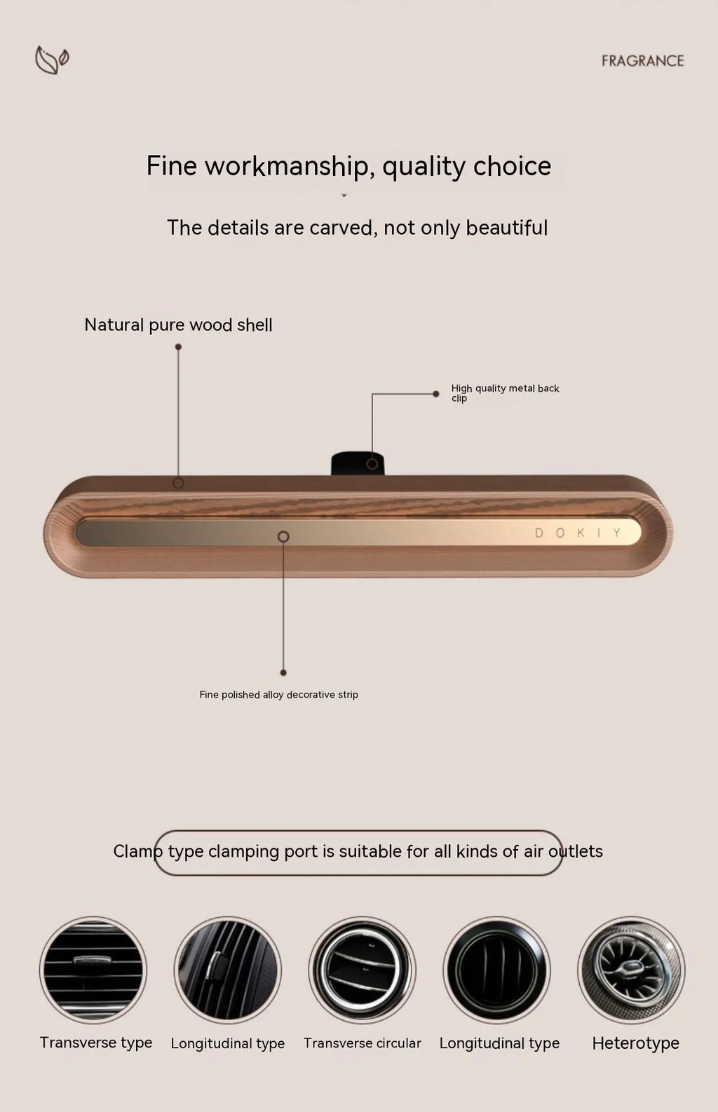 Car aromatherapy ornament in long strip design for air vent placement in walnut wood or metallic grey colour