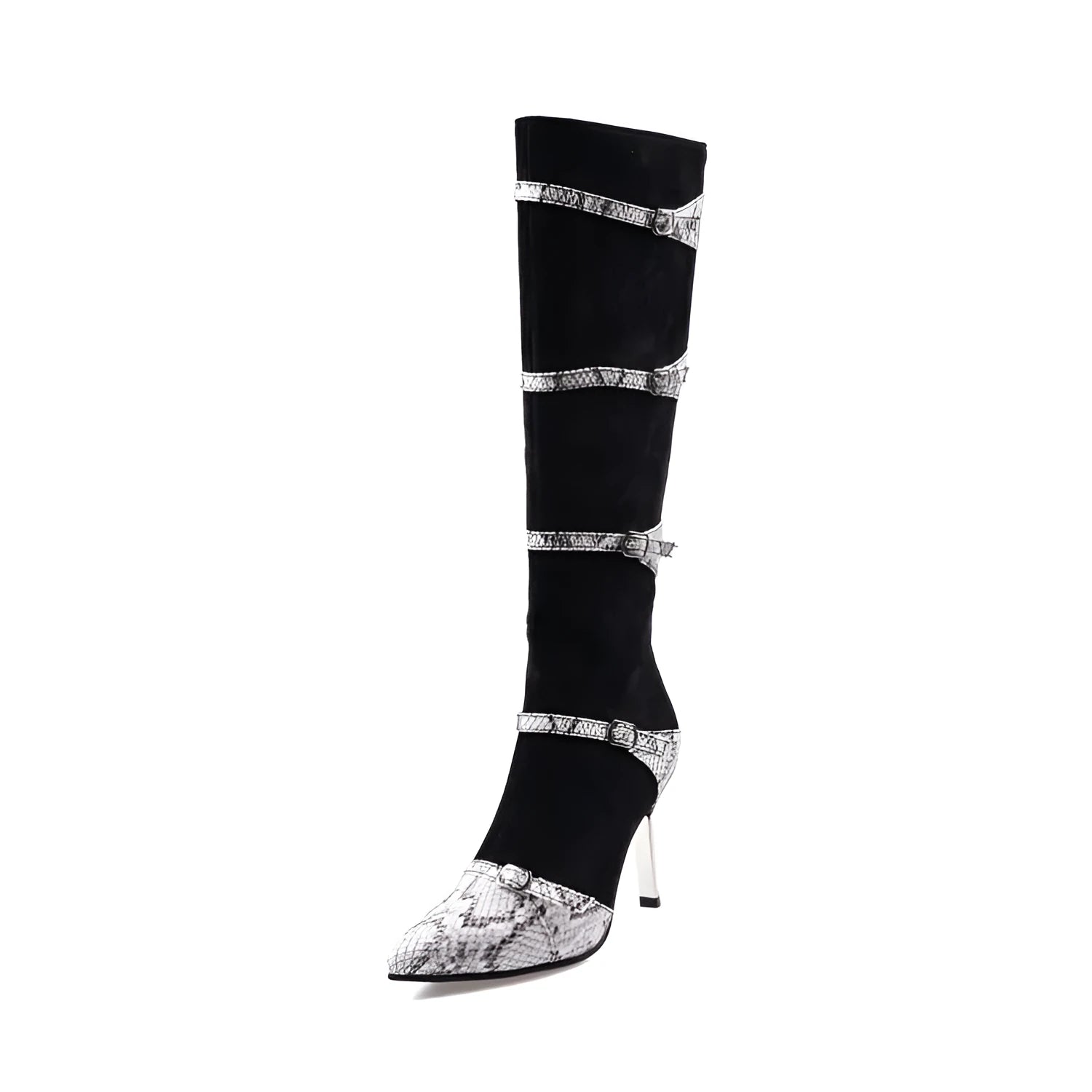 Black and grey women's knee high boots with a thin high heel on a rubber sole
