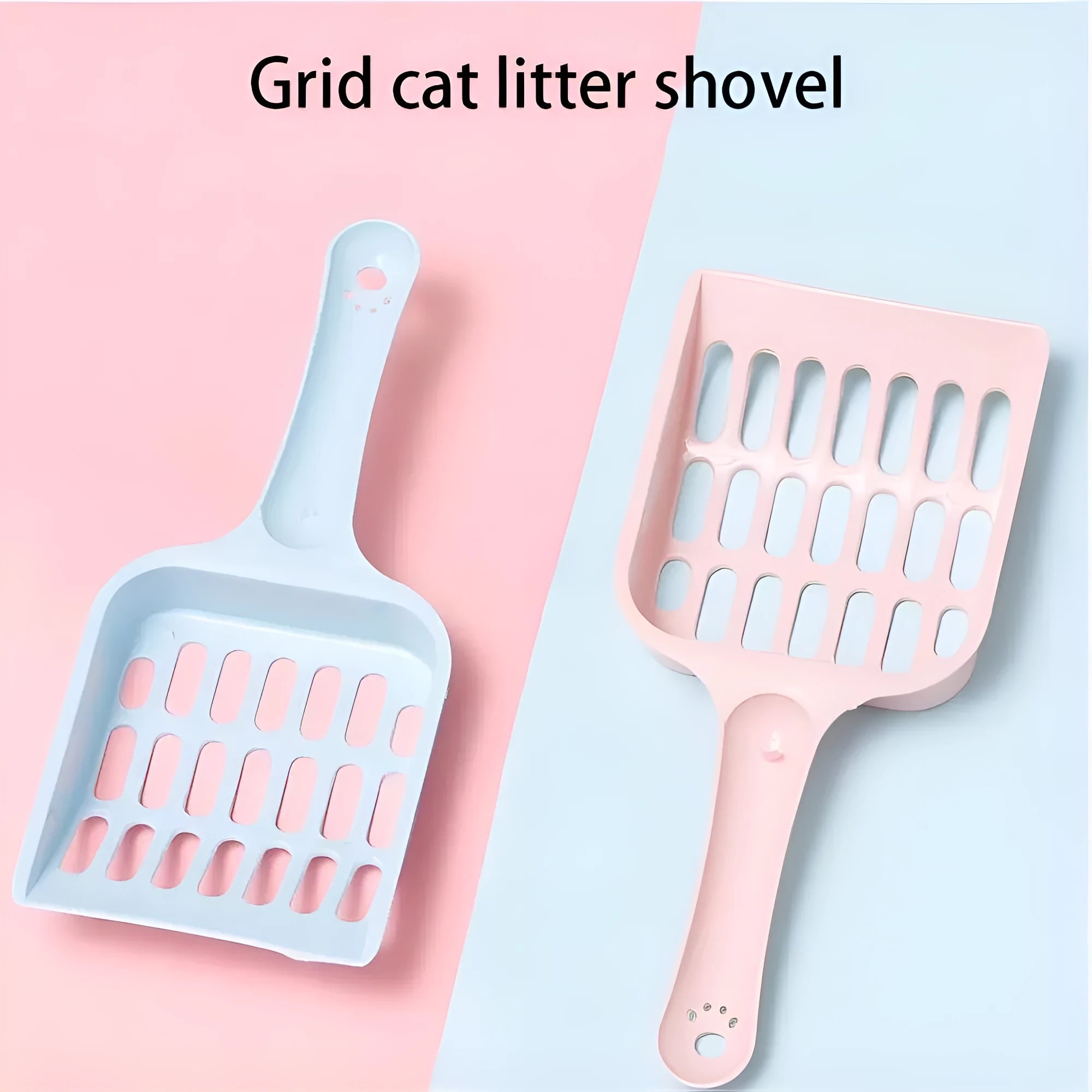 Plastic cat litter scoop in blue, green, or pink colour measuring 20cm long