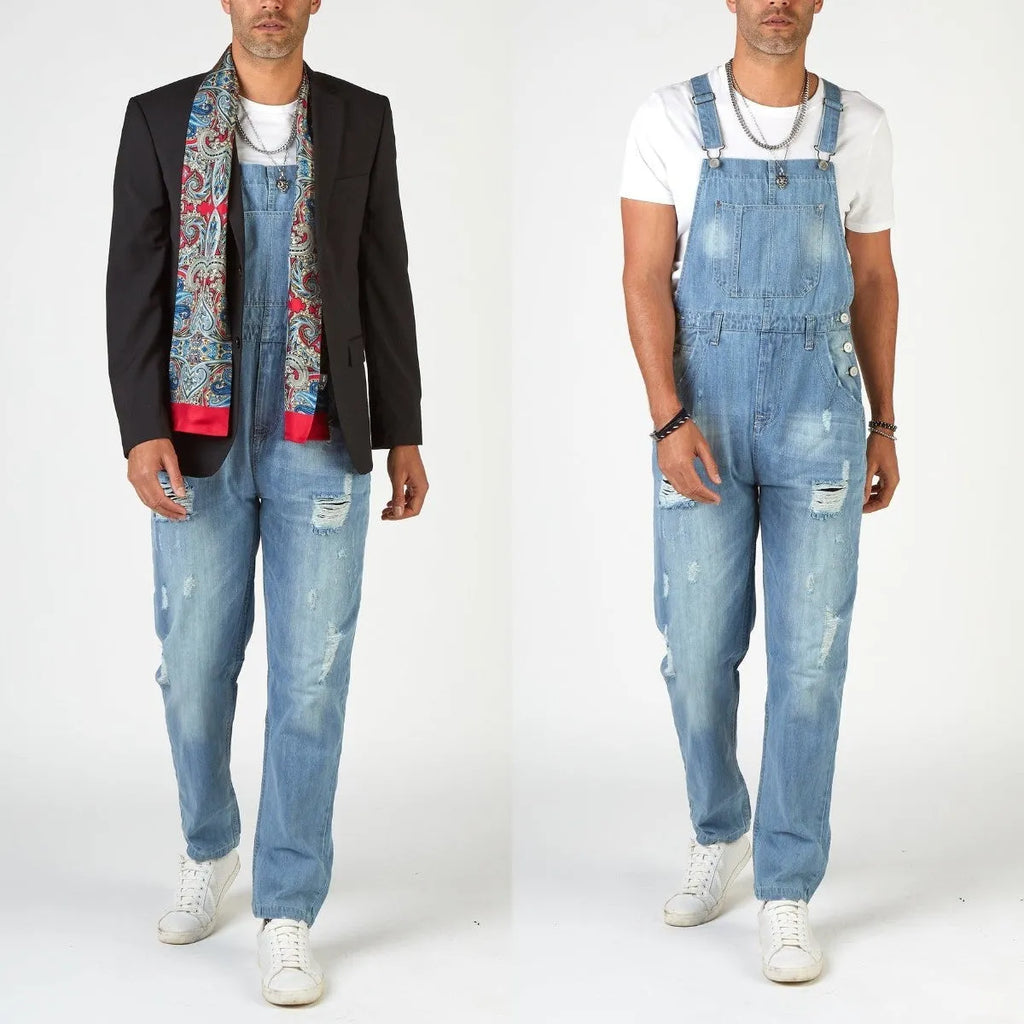 Light blue men's suspender jeans with ripped detailing and high waist straight leg cut