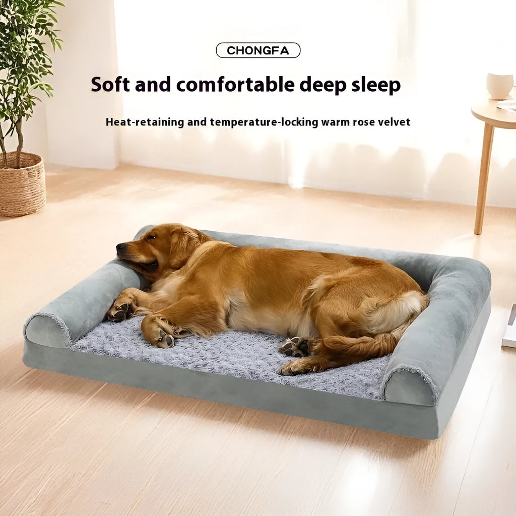 Light grey cloth dog kennel for large dogs, showing raised sides and soft base.