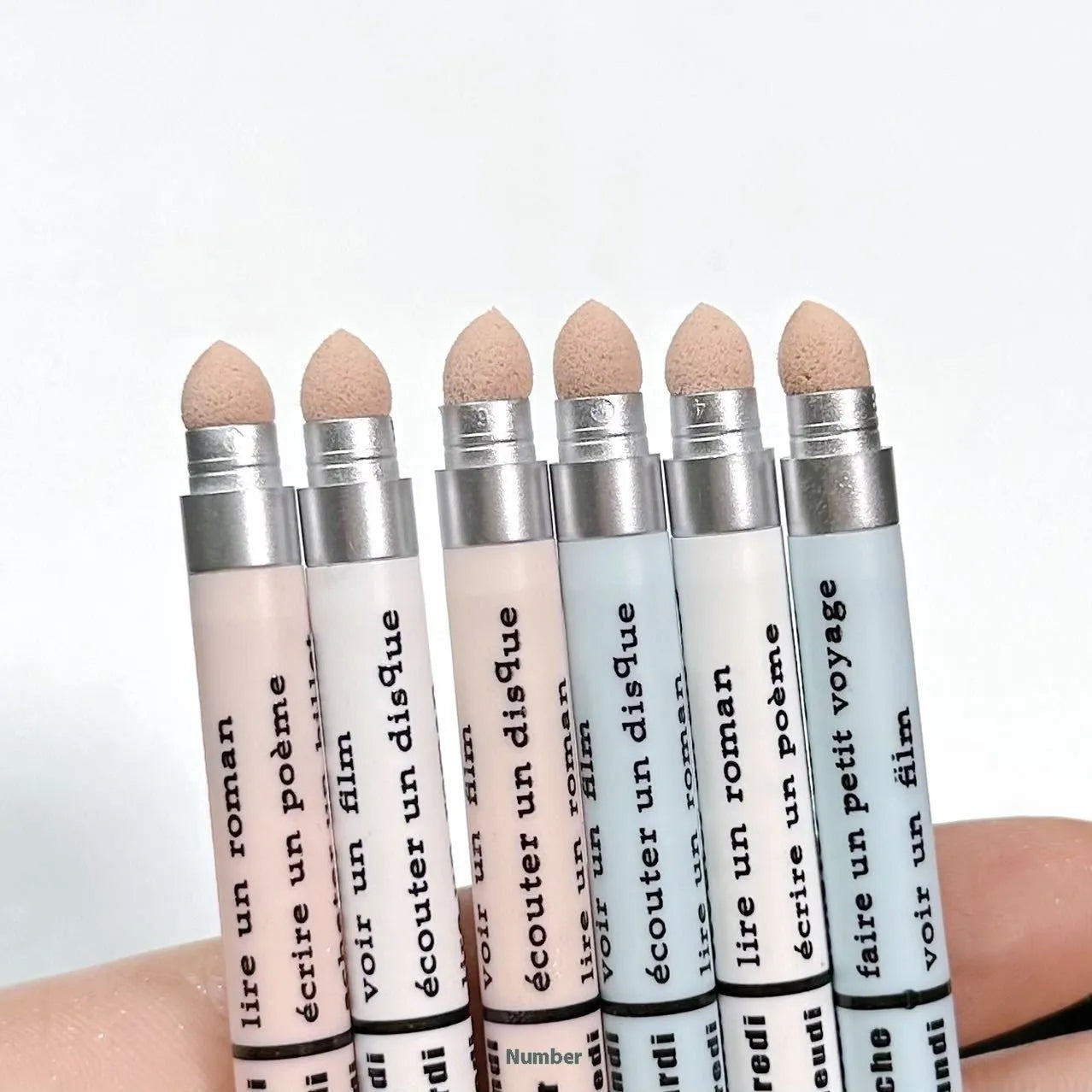 Waterproof 2-in-1 eyeshadow pen with six colour options showing camellia milk apricot and ice diamond debris shades