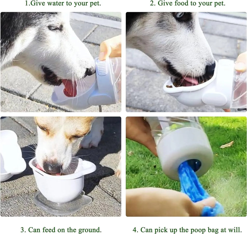 Green 3-in-1 portable pet water bottle with food pot and waste bag dispenser attached to a hand strap.