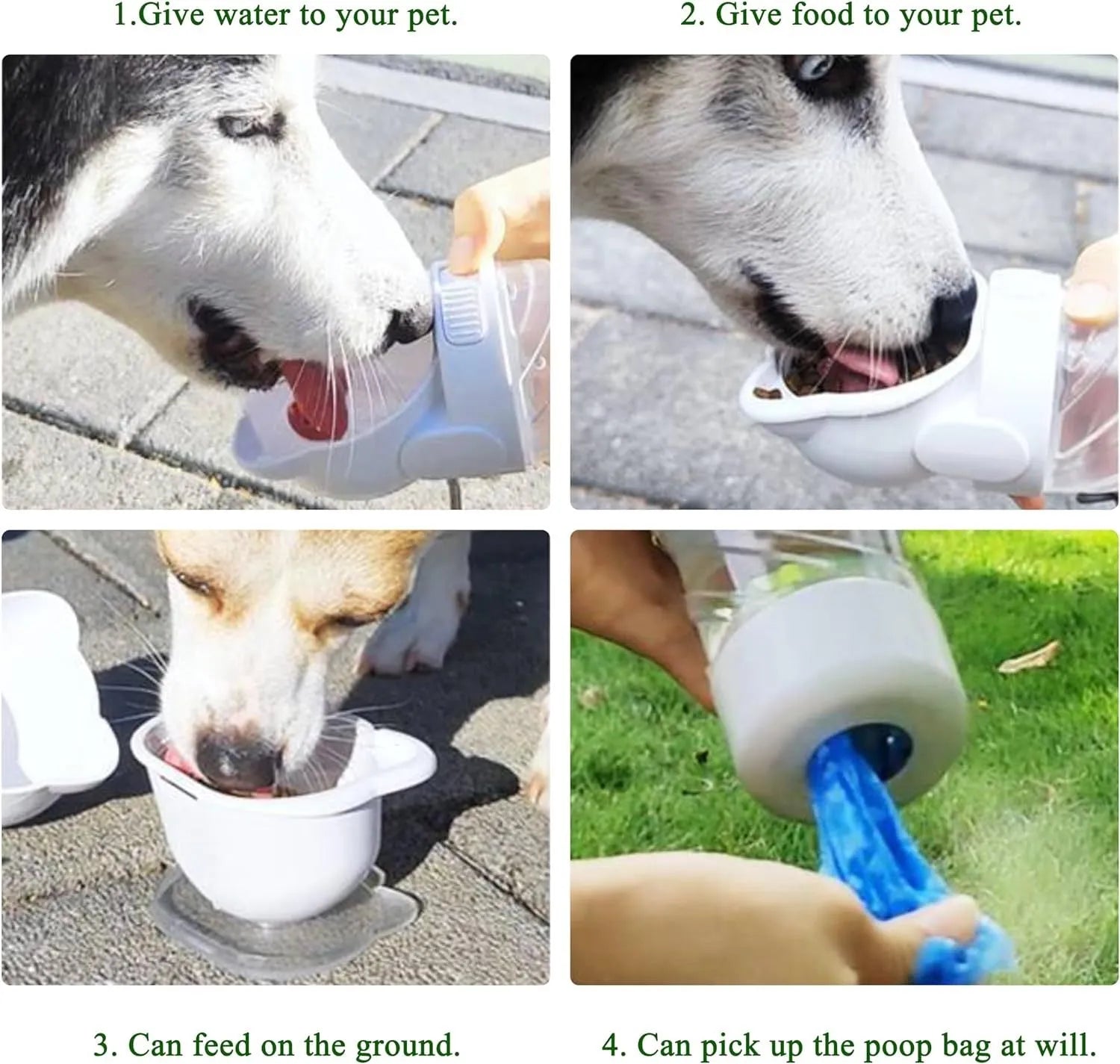 Green 3-in-1 portable pet water bottle with food pot and waste bag dispenser attached to a hand strap.