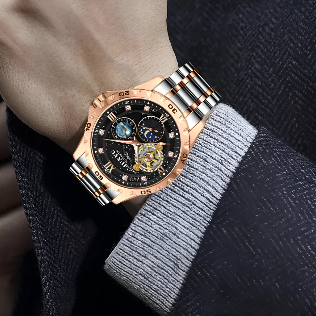 Men's automatic mechanical watch with 12mm waterproof case in gold, rose gold, and silver colour options
