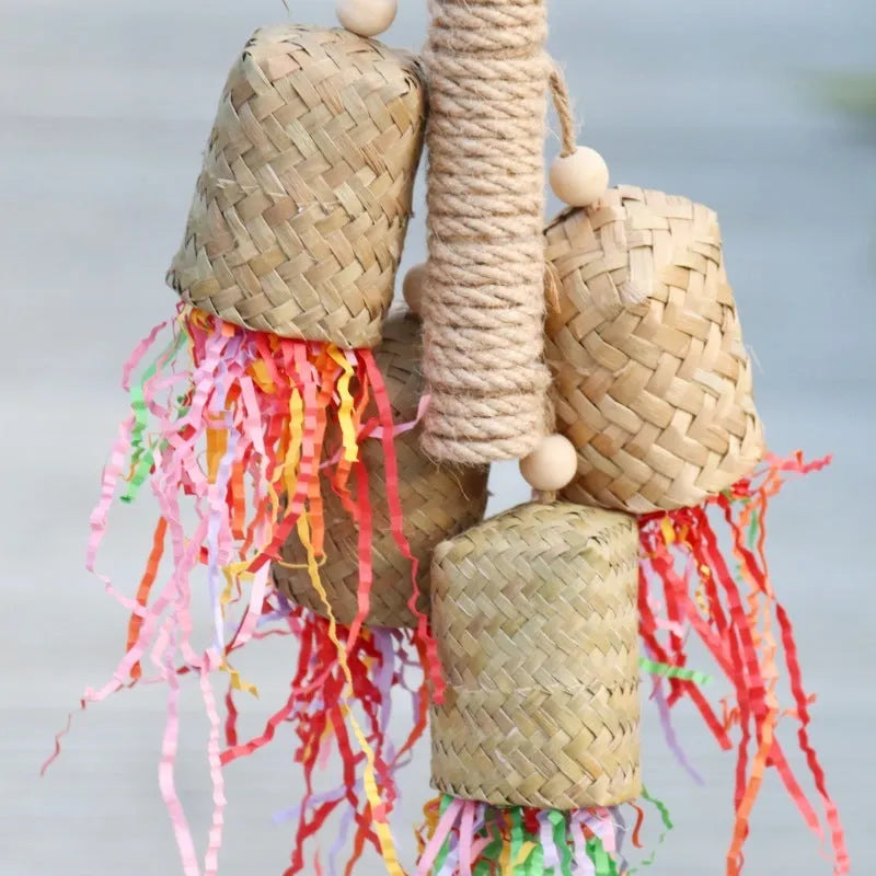 35cm wooden parrot chew toy with sisal rope and colourful paper shreds for foraging activity
