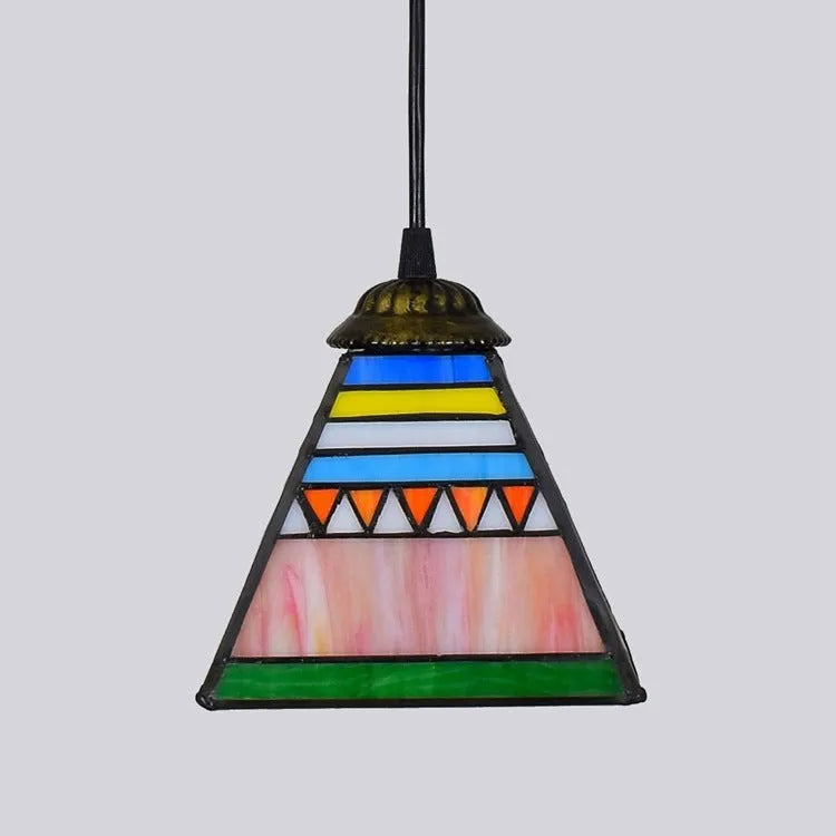 Art stained glass small droplight pendant with coloured glass shade and iron base.
