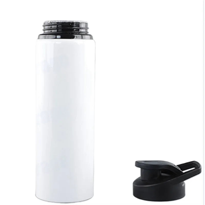 White aluminium sports water bottle shown in 600ml and 750ml sizes for cycling and outdoor use.