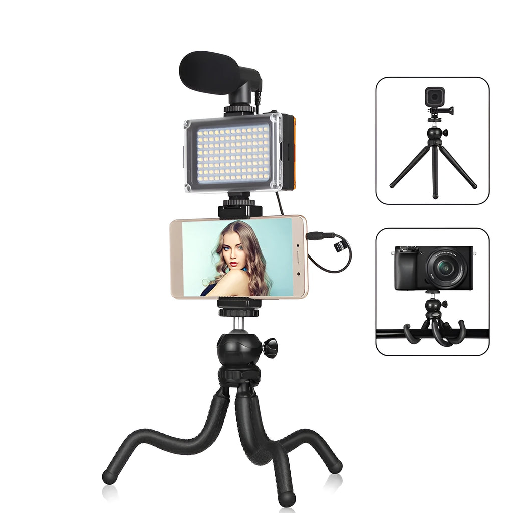 Black Octopus Yripod live broadcast kit with flexible tripod legs, fill light, and microphone for iPhone